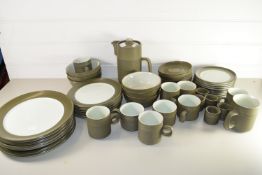 PART TEA SET BY DENBY, VARIOUS PLATES, SIDE PLATES, EGG CUPS, CUPS AND SAUCERS ETC