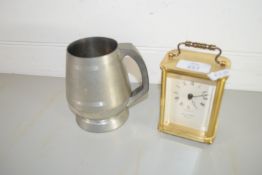 BRASS CARRIAGE CLOCK AND PEWTER TANKARD