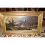 LARGE OIL PAINTING DEPICTING A MOUNTAINOUS LAKE LANDSCAPE, SIGNED LOWER RIGHT, BARKER (A/F) IN