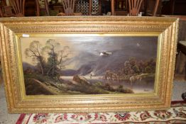 LARGE OIL PAINTING DEPICTING A MOUNTAINOUS LAKE LANDSCAPE, SIGNED LOWER RIGHT, BARKER (A/F) IN