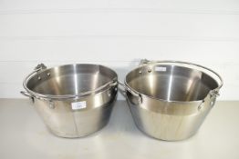 TWO LARGE STAINLESS STEEL JAM POTS