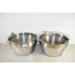 TWO LARGE STAINLESS STEEL JAM POTS