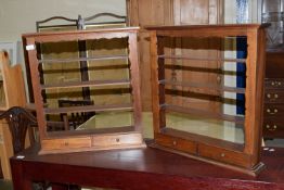 TWO STAINED WOOD SPICE RACKS, THE LARGER APPROX 61CM