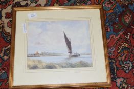 PRINT DEPICTING WHERRY PASSING ST BENET'S ABBEY, SIGNED TO MOUNT W A JOHNSON, 21 X 27CM