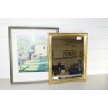 MIRROR IN GILT FRAME, PLUS A WATERCOLOUR OF A HOUSE