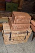 THREE VARIOUS PICNIC BASKETS, THE LARGEST APPROX 76 X 45 X 48CM