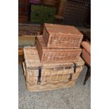 THREE VARIOUS PICNIC BASKETS, THE LARGEST APPROX 76 X 45 X 48CM