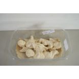 SMALL BOX CONTAINING THREE POTTERY WHITE FIGURES OF CHERUBS