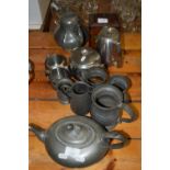 PEWTER TEA POT AND OTHER PEWTER JUGS AND PLATED ITEMS