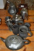 PEWTER TEA POT AND OTHER PEWTER JUGS AND PLATED ITEMS