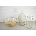 LARGE GLASS BOTTLE WITH GLASS JAR AND POTTERY MIXING BOWLS
