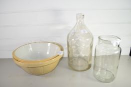 LARGE GLASS BOTTLE WITH GLASS JAR AND POTTERY MIXING BOWLS