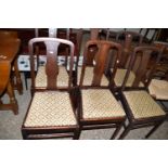 SET OF FOUR UPHOLSTERED DINING CHAIRS WITH CARVED DETAIL TO BACK, EACH HEIGHT APPROX 96CM