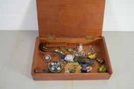 WOODEN BOX CONTAINING COSTUME JEWELLERY, ENAMEL BADGES, SMALL WRIST WATCH ETC