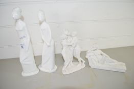 PAIR OF WHITE GLAZED FIGURES, HENRIETTA, BY SPODE, PLUS PRISCILLA PLUS TWO OTHER ITEMS