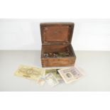 BOX CONTAINING VINTAGE COINS, CHINESE PAPER MONEY ETC