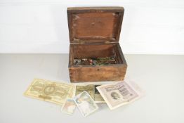 BOX CONTAINING VINTAGE COINS, CHINESE PAPER MONEY ETC