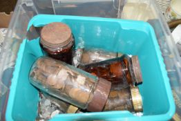 BOX OF GLASS JARS FULL OF COINAGE, MAINLY OLD PENNIES ETC