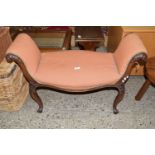 MAHOGANY FRAMED UPHOLSTERED STOOL WITH CARVED DETAIL, LENGTH APPROX 94CM MAX
