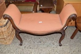 MAHOGANY FRAMED UPHOLSTERED STOOL WITH CARVED DETAIL, LENGTH APPROX 94CM MAX