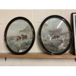 TWO PRINTS OF HIGHLAND CATTLE WATERING IN OVAL BLACK AND GILT FRAMES