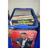 PLASTIC BOX CONTAINING LPS, POP MUSIC AND SOME CLASSICAL, NAT KING COLE, MOZART CONCERT ETC