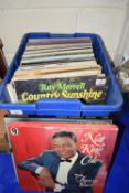 PLASTIC BOX CONTAINING LPS, POP MUSIC AND SOME CLASSICAL, NAT KING COLE, MOZART CONCERT ETC