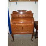 GOOD QUALITY CYLINDER BUREAU WITH PART FITTED INTERIOR AND INSET BRASS DECORATION, WIDTH APPROX 92CM