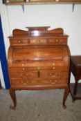 GOOD QUALITY CYLINDER BUREAU WITH PART FITTED INTERIOR AND INSET BRASS DECORATION, WIDTH APPROX 92CM