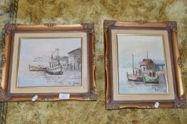 TWO MODERN FRAMED OIL PAINTINGS ON CANVAS OF BOATS, ONE SIGNED C JONES, THE OTHER SIGNED EDWARD,