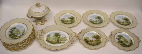 19th century English porcelain part dinner set, the centres decorated with prints of travellers