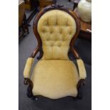Victorian mahogany framed button back elbow chair, width approx 67cm max