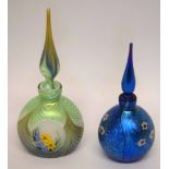 Okra scent bottle and cover, the iridescent blue ground decorated with flowers, incised Okra to base