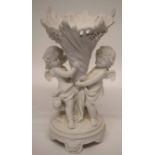Late 19th century Continental bisque porcelain flower vase, the vase supported by two winged cherubs