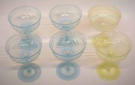 Interesting set of six dessert glasses in a light blue or vaseline swirling design, possibly James