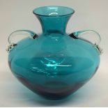 Murano type green glass vase, the globular body with two handles, 24cm high