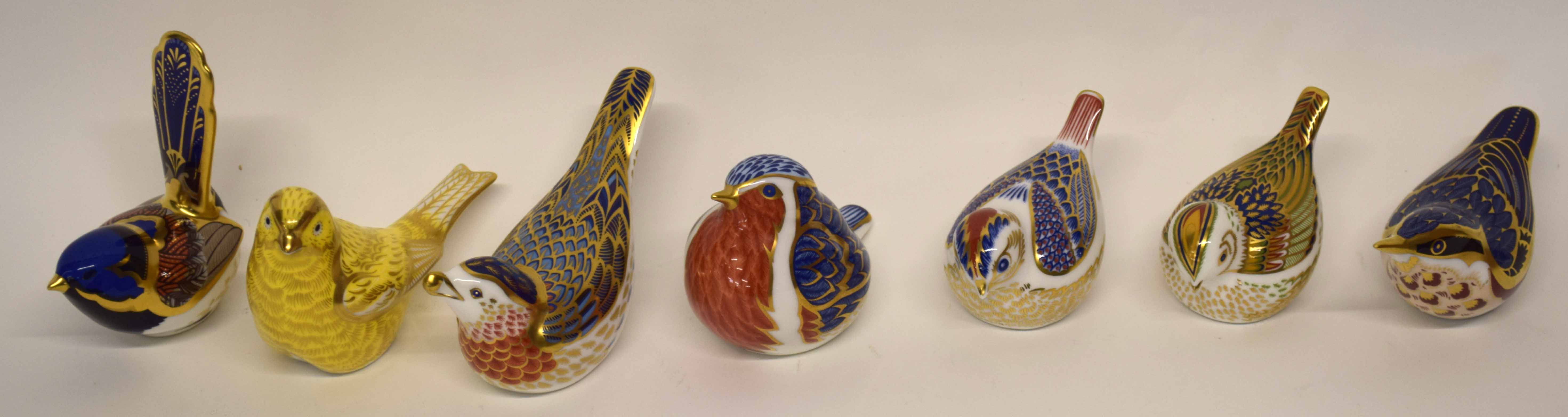 Quantity of Royal Crown Derby paperweights with gold stoppers, all modelled as birds, (7)