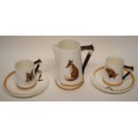 Two Royal Doulton fox hunting type coffee cups and saucers, together with a large jug, the handles