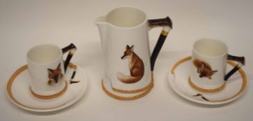 Two Royal Doulton fox hunting type coffee cups and saucers, together with a large jug, the handles