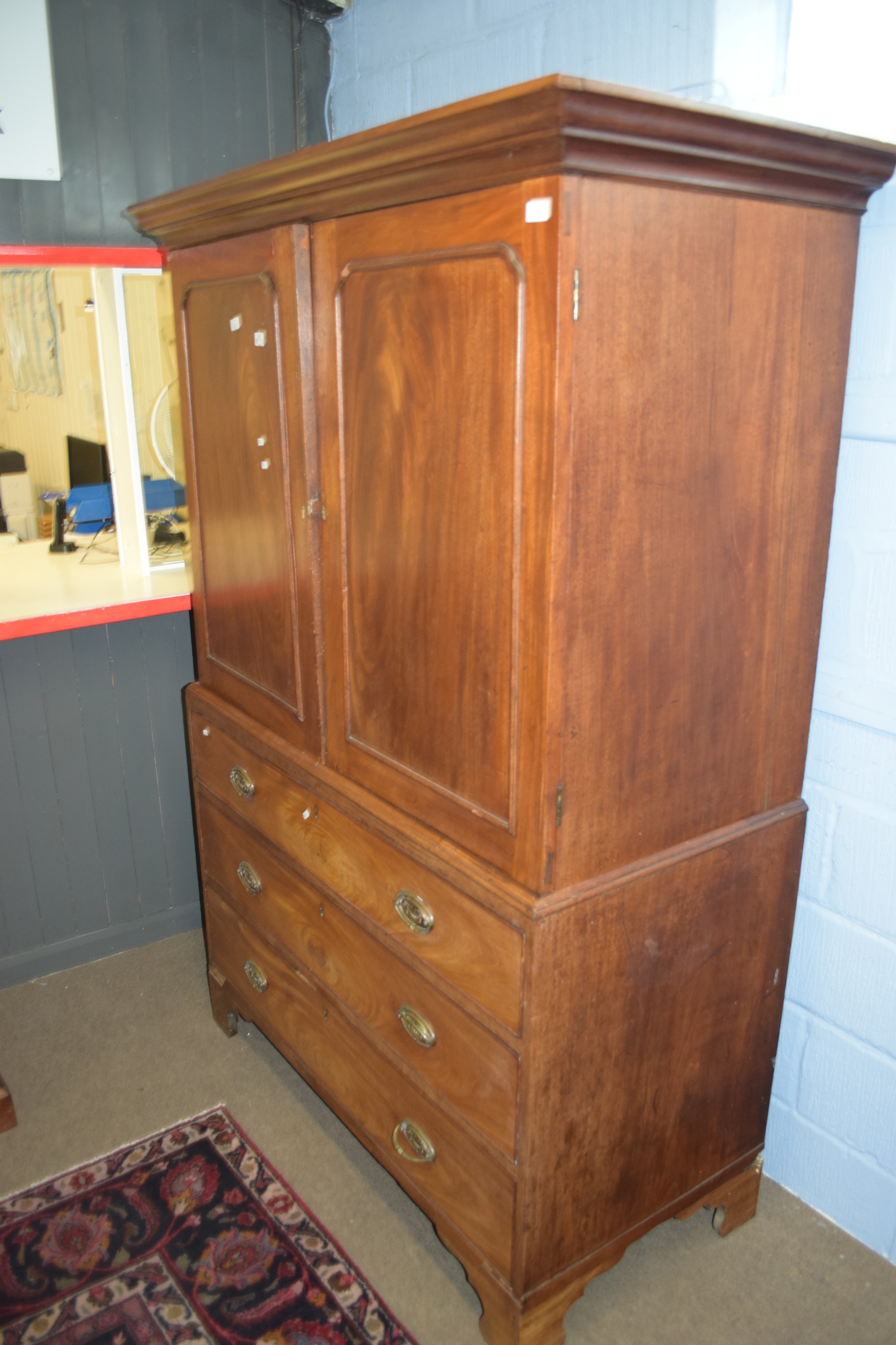 19th century mahogany converted linen press, two panel doors over three full width graduated drawers - Image 2 of 2