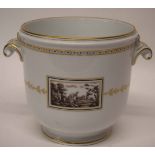 Ginori porcelain urn with sepia landscape decoration to front and verso with gilt scroll handles,