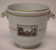 Ginori porcelain urn with sepia landscape decoration to front and verso with gilt scroll handles,
