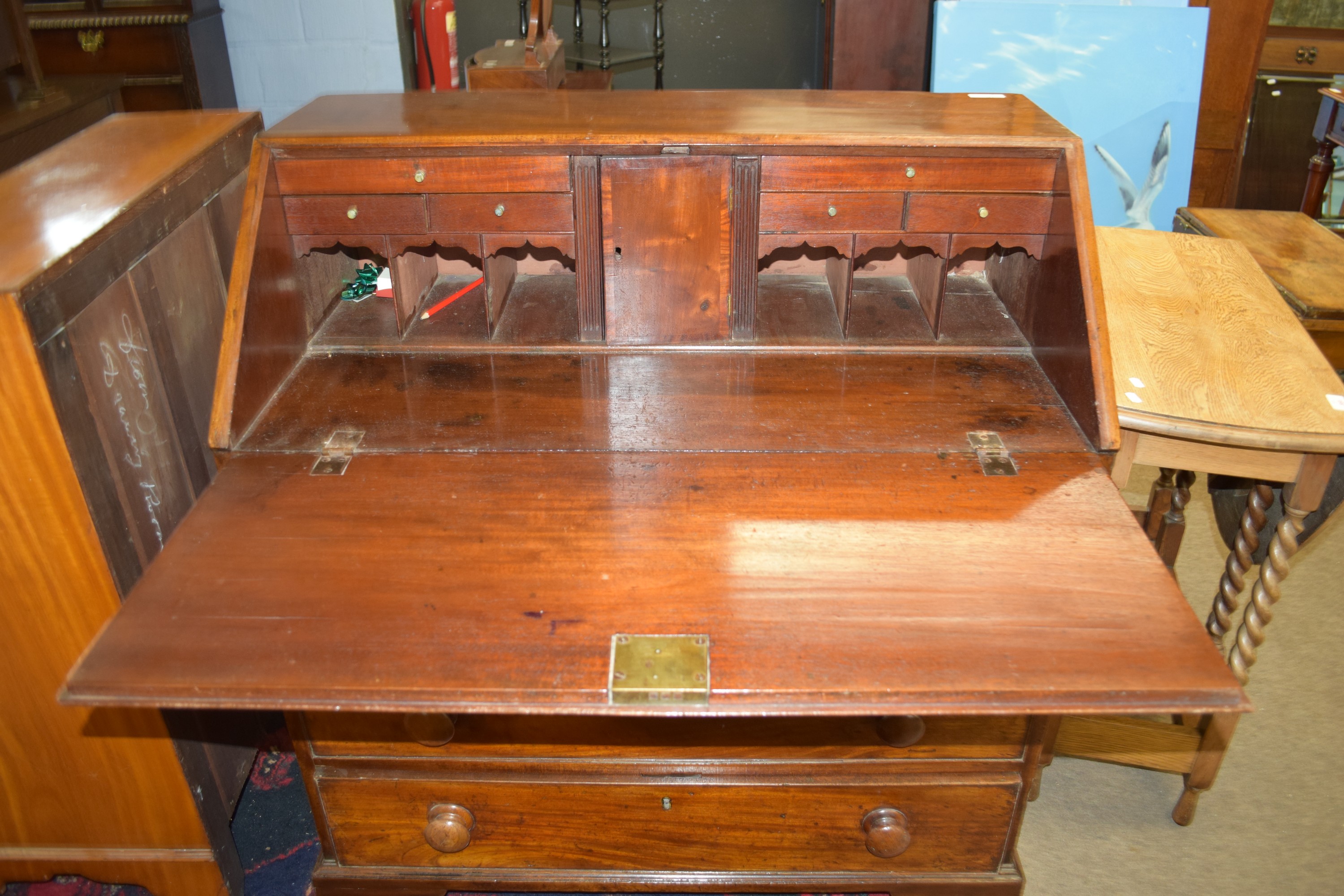 Early 19th century mahogany drop front bureau raised on bracket feet, the fitted fall front interior - Image 3 of 3