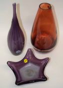 Three Murano glass vases comprising a purple ground vase, a further brown coloured vase and a