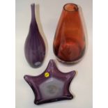 Three Murano glass vases comprising a purple ground vase, a further brown coloured vase and a