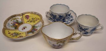Group of Continental ceramics including a Dresden Meissen style cup and saucer and two Meissen
