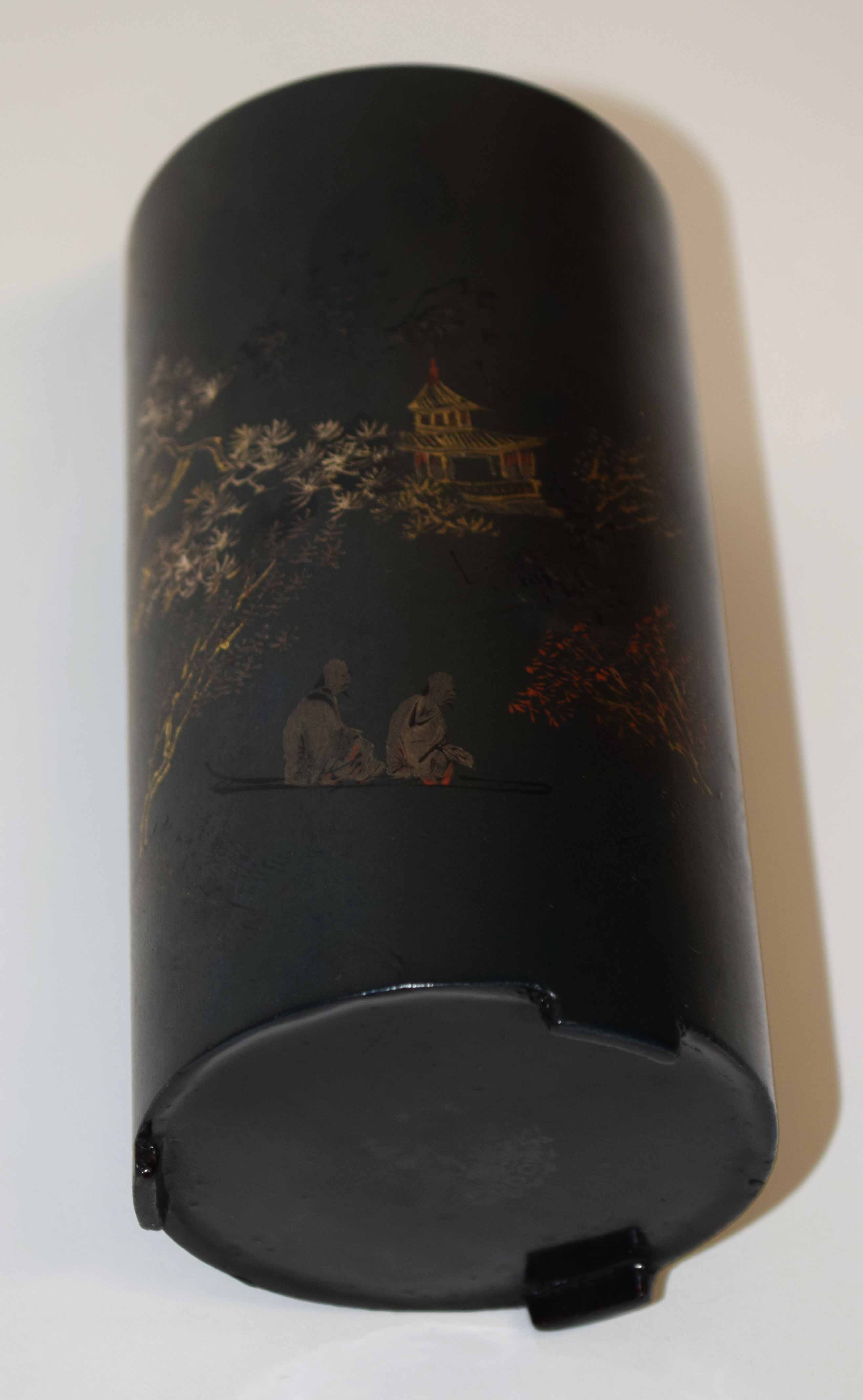 Unusual Oriental lacquer vase with gilt and iron red decoration of two figures in a boat with pagoda - Image 2 of 2