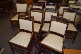 Set of nine upholstered 19th century dining chairs with ring turned legs and stretchers, approx 47cm