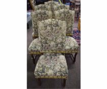 Set of six French style hardwood framed dining chairs, the backs and seats upholstered in floral