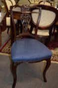 19th century upholstered bedroom chair with carved decoration, width approx 46cm max